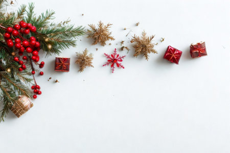 A festive arrangement of pine branches, red berries, small gift boxes, and star ornaments on a white background.の写真素材