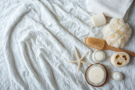 A collection of natural bath and body care items, including soaps, loofahs, and brushes, arranged on a textured white fabric.の写真素材