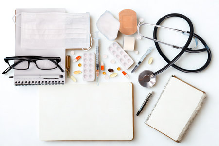A collection of medical tools, documents, and personal items arranged neatly on a white surface, suggesting a doctor's desk or examination room.の写真素材