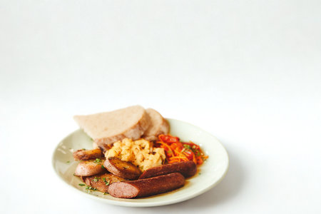 A close-up shot of a plate filled with sausage, beans, and bread, presented on a clean white surface.の写真素材
