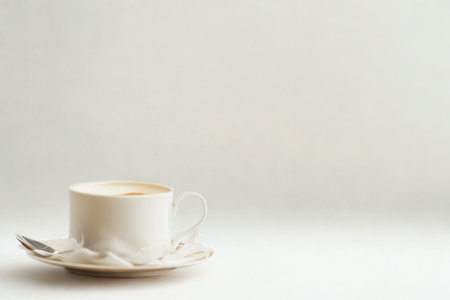 A warm beverage in a clear mug sits on a saucer with a spoon, ready to be enjoyed.の写真素材