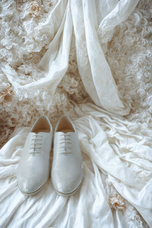 A pair of small, white baby dress shoes rests on a draped, textured fabric with a soft, ethereal feel.の写真素材
