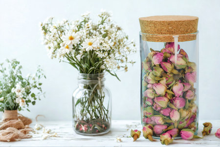 A still life arrangement featuring a bouquet of delicate white flowers in a glass vase and dried pink rosebuds in a tall cork-stoppered jar.の写真素材