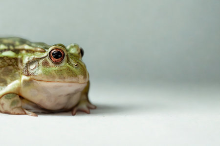 A detailed, close-up view of a green frog with striking red eyes, resting on a clean white surface against a soft grey background.の写真素材