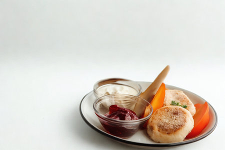 A close-up shot of warm scones served with clotted cream and strawberry jam, perfect for a delightful afternoon tea.の写真素材