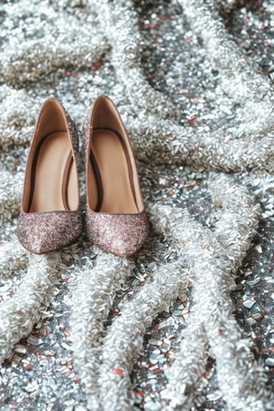 A pair of elegant rose gold high heels with a shimmering texture are placed on a rough, grey and white patterned surface.の写真素材