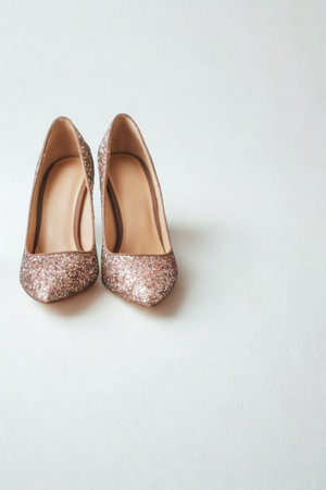 A pair of stylish, ornate pointed-toe high heels with a shimmering patterned design, presented on a clean white surface.の写真素材