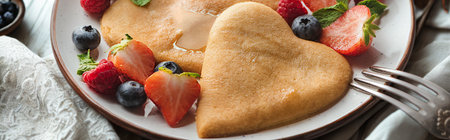 A close-up shot of fluffy golden pancakes served with a vibrant assortment of fresh strawberries and blueberries, drizzled with syrup.の写真素材