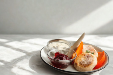 Warm, freshly baked scones served with a dollop of rich jam and a side of cream, bathed in natural sunlight.の写真素材