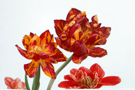 Close-up of striking double petal tulips showcasing a beautiful blend of deep red and vibrant orange on a clean white background.の写真素材