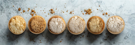 A top-down view of six different artisan bread rolls with varied crust textures and toppings, laid out in a straight line on a speckled surface.の写真素材