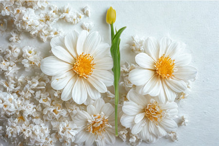 A top-down view of several white daisy-like flowers with yellow centers, arranged with small white...