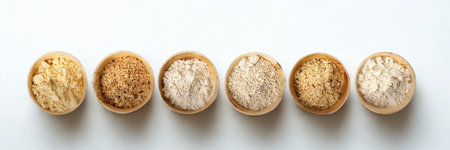 A collection of six unique, oval-shaped seashells with intricate patterns displayed in a straight line against a clean white backdrop.の写真素材