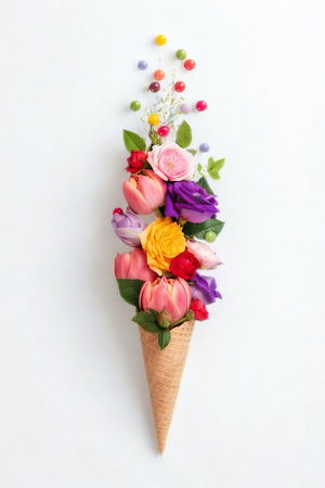 A waffle cone overflowing with a vibrant assortment of fresh, colorful flowers.の写真素材
