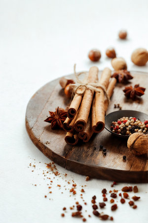 A collection of aromatic spices including cinnamon sticks, star anise, and peppercorns are artfully arranged on a weathered wooden surface.の写真素材