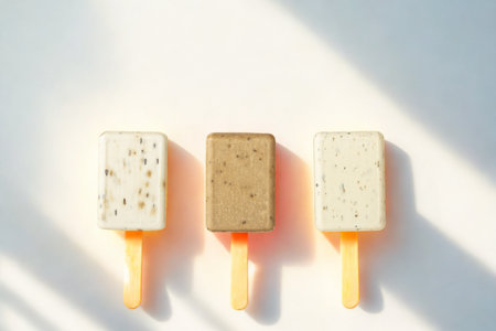 Three rectangular popsicles on orange sticks are displayed on a white surface, bathed in gentle sunlight creating soft shadows.の写真素材
