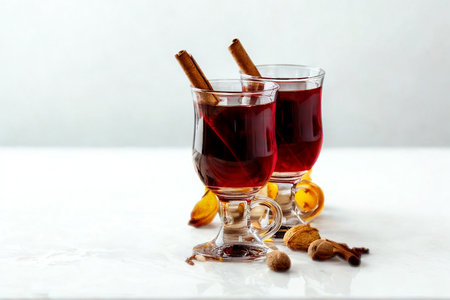 Two elegant glasses filled with a rich red beverage, garnished with cinnamon sticks and orange slices, suggesting a cozy, festive drink.の写真素材