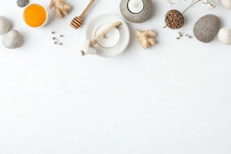 Top view of natural spa items including honey, spices, stones, and a candle, arranged artfully on a clean white surface.の写真素材