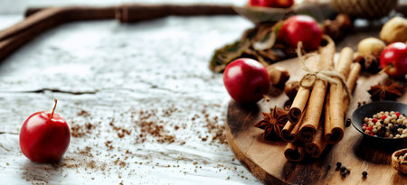 A close-up of red berries, cinnamon sticks, star anise, and pinecones arranged on a textured wooden board, evoking a cozy autumn feel.の写真素材