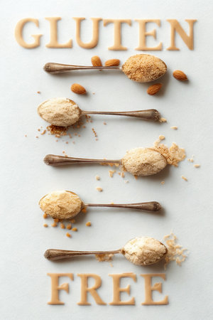 A flat lay of five vintage spoons, each holding a different gluten-free ingredient, arranged vertically on a white surface.の写真素材