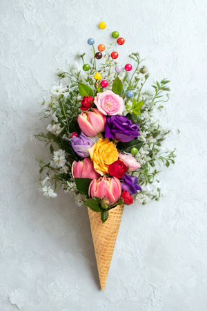 A whimsical bouquet of vibrant flowers arranged in a waffle cone, resembling an ice cream cone, with small candies on top.の写真素材