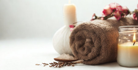 A serene spa setting featuring lit candles, artisanal soap, and delicate flowers, evoking tranquility and self-care.の写真素材