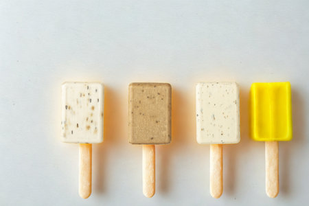 A top-down view of four different flavored popsicles arranged in a row against a plain light gray backdrop.の写真素材