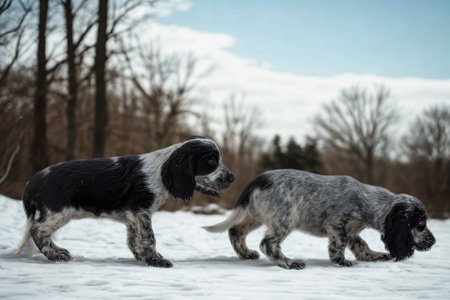 Two dogs stand in a snowy field with bare trees and a blue sky in the background.