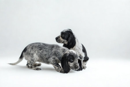 Two playful puppies, one with its head down, interact in a bright studio setting.の写真素材