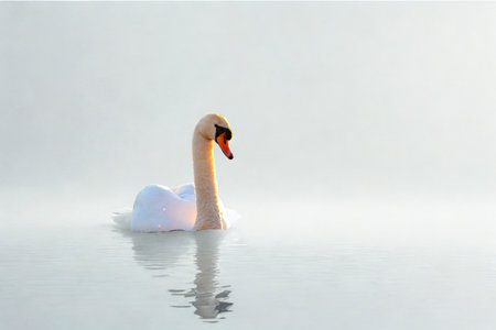 A solitary white swan floats serenely on a still body of water, its elegant form mirrored below.の写真素材
