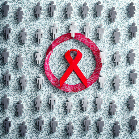 A vibrant red ribbon, symbolizing awareness, is centrally placed within a circle, surrounded by numerous small, gray human figures.の写真素材