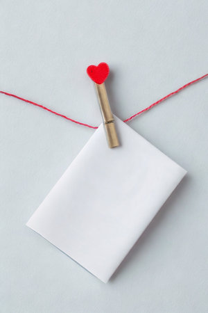 A small white note is clipped by a golden clothespin with a red heart to a thin red string against a light blue background.の写真素材