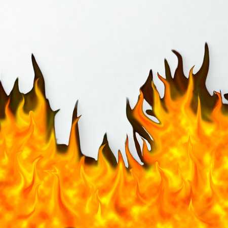 A vibrant border of orange and yellow flames licking upwards against a stark white background, creating a dramatic contrast.の写真素材