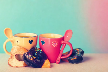 Two adorable bunny-shaped mugs, one yellow and one pink, sit beside donuts and a slice of orange. Pastel background.の写真素材