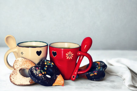 A pair of uniquely designed ceramic mugs, one red and one beige, sit beside small decorative ornaments on a textured surface.の写真素材