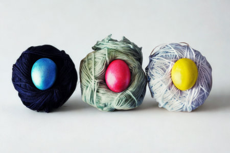 Three vibrantly colored Easter eggs are showcased, each resting in a distinct, textured nest made from yarn. The backgrounds are plain white.の写真素材