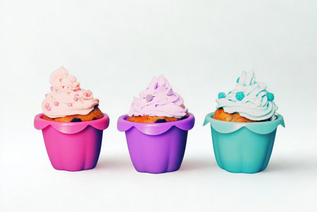 Three small, toy cupcakes sit in colorful wrappers, each topped with decorative frosting and sprinkles against a white background.の写真素材
