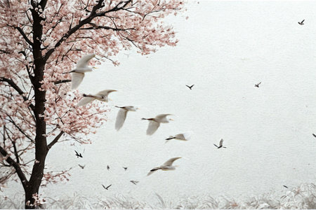 A flock of white birds gracefully takes flight beneath the delicate pink blossoms of a blossoming cherry tree, set against a soft, hazy background.の写真素材