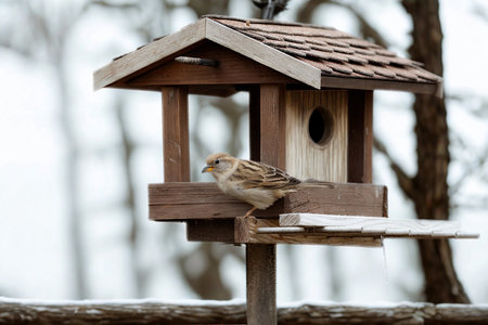 A small brown bird rests on a rustic wooden bird feeder, its shelter providing refuge against a soft, blurred winter background.の写真素材
