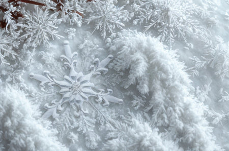Intricate snowflake patterns are visible on a fluffy, white, textured surface, suggesting a winter scene.の写真素材