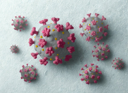 A collection of detailed 3D renderings of virus particles, resembling the coronavirus, are scattered across a textured light blue surface.の写真素材