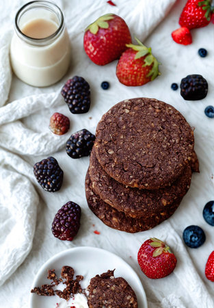 A close-up shot of a stack of dark chocolate cookies surrounded by fresh blackberries, blueberries, and strawberries, with a jar of creamy sauce.の写真素材