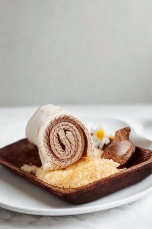 A close-up shot of a rolled dessert, possibly a crepe or pastry, served with a rich, creamy sauce and a garnish on a dark square plate.の写真素材