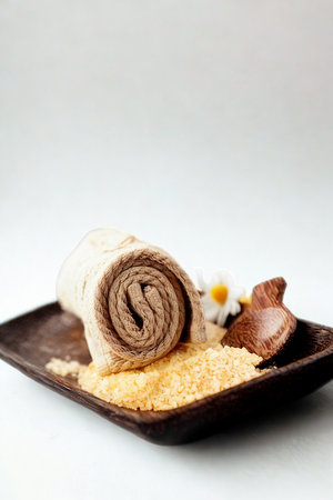 A rolled towel sits on a dark tray with sand, small flowers, and a dried leaf, suggesting a spa or...
