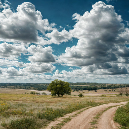 A winding dirt path leads through a dry, grassy field towards a lone tree under a sky filled with dynamic, fluffy clouds.の写真素材