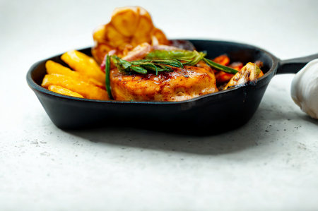 A delicious skillet meal featuring a main dish, golden fries, and fresh green garnishes, presented in a cast iron pan.の写真素材