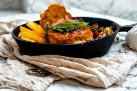 A hearty skillet meal featuring a central protein, golden fries, and fresh green herbs, presented in a cast iron pan.の写真素材