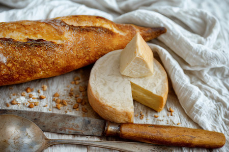 A wheel of cheese with a slice removed sits beside a crusty baguette on a textured white cloth. A knife rests below.の写真素材