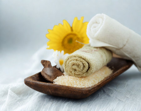 A serene spa setting featuring neatly rolled towels, a vibrant yellow flower, and a wooden tray.の写真素材