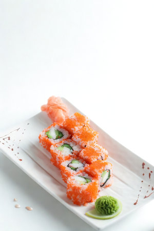 A close-up shot of vibrant salmon roe sushi rolls, artfully arranged on a decorative white plate.の写真素材